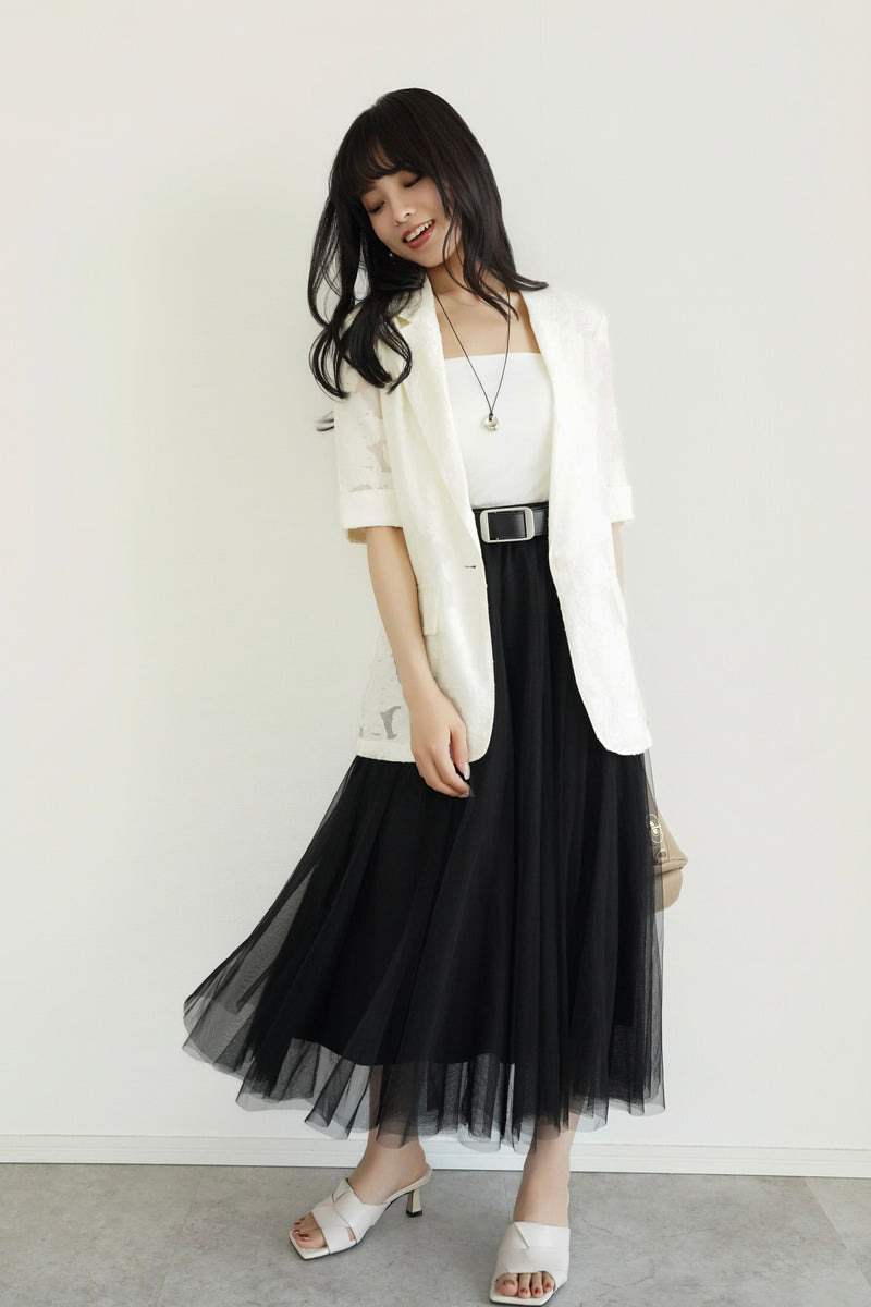 早割］シアージャガード半袖ジャケット×チュールロングスカート(2set