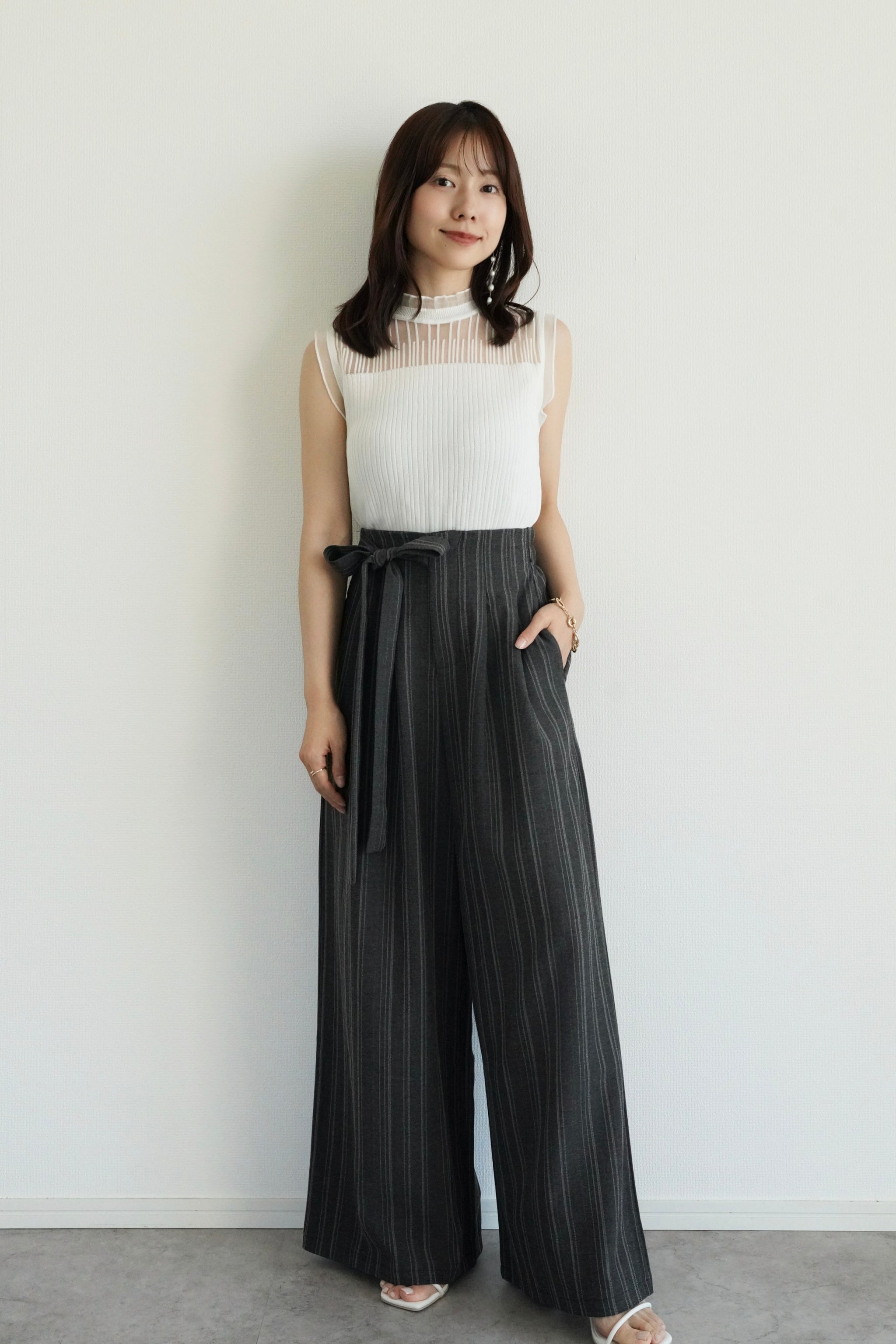 キー様 大人シアーノースリーブニット×パンツコーデ SET］シアーストライプノースリーブニット×リネンライクワイドパンツ