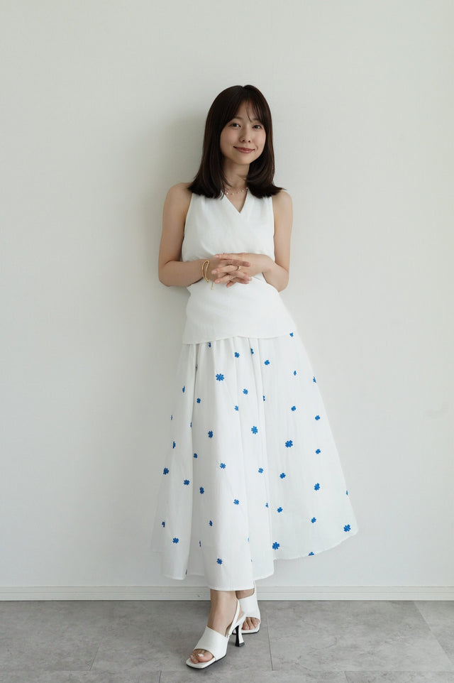 【早割】2wayリボンドレープベスト×フラワー刺繍フレアスカート(2set)