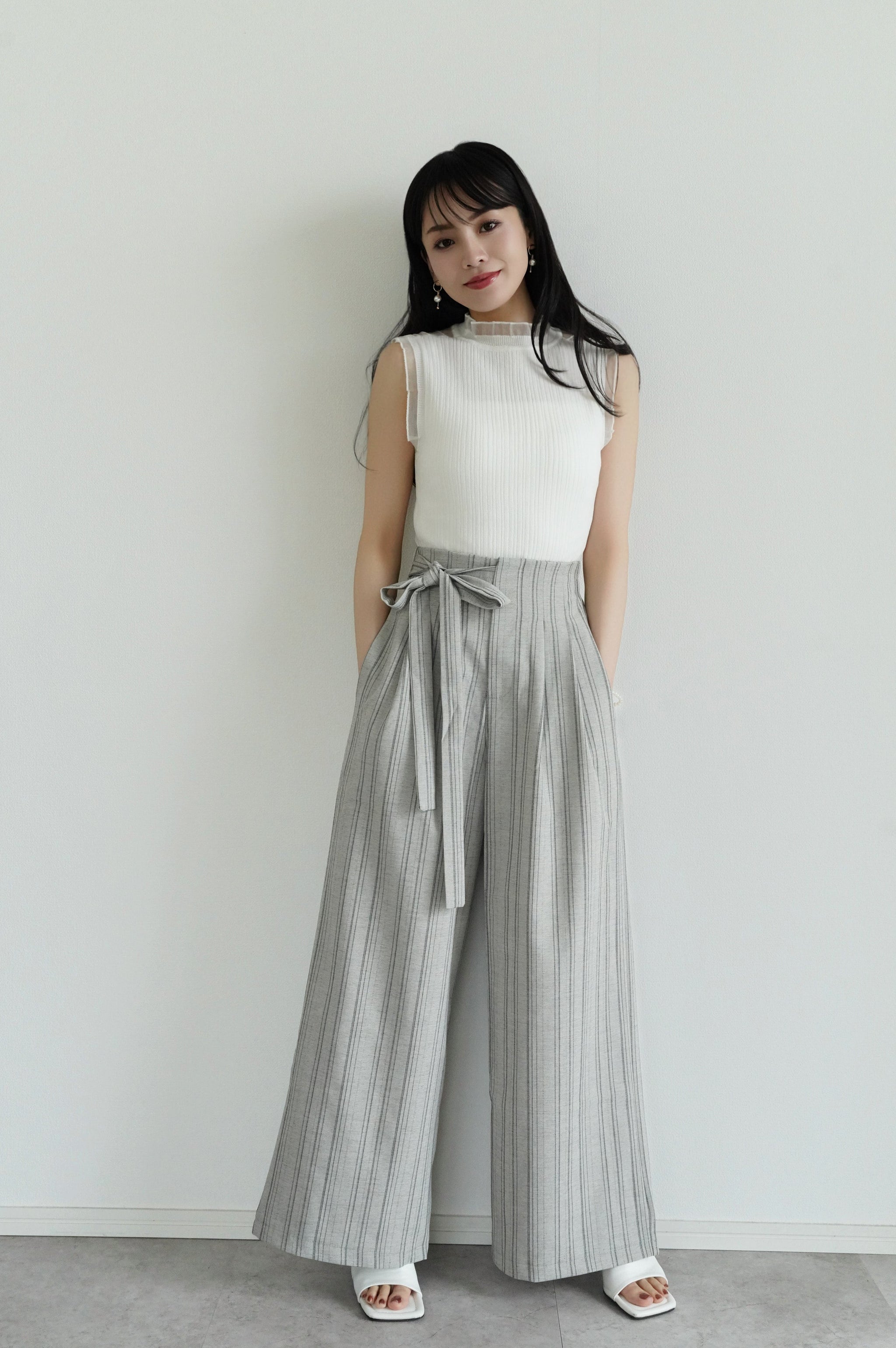 予約割】シアーストライプノースリーブニット×リネンライクワイド