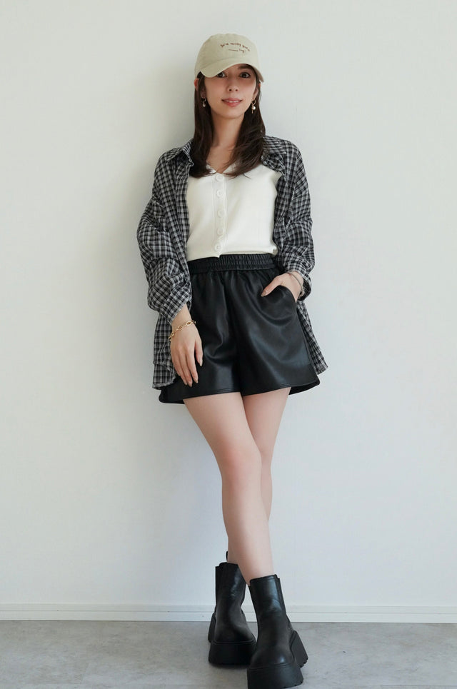 ［SET］シアーチェックシャツ+フェイクレザーショートパンツ(2set)