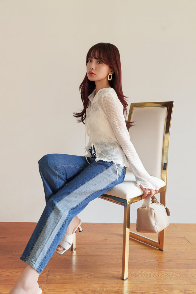 ［早割］シアーレースベルスリーブトップス×サイドラインスリムテーパードデニム(2set)