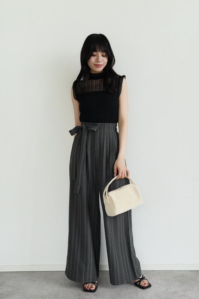 【早割】シアーストライプノースリーブニット×リネンライクワイドパンツ(2set15%OFF)