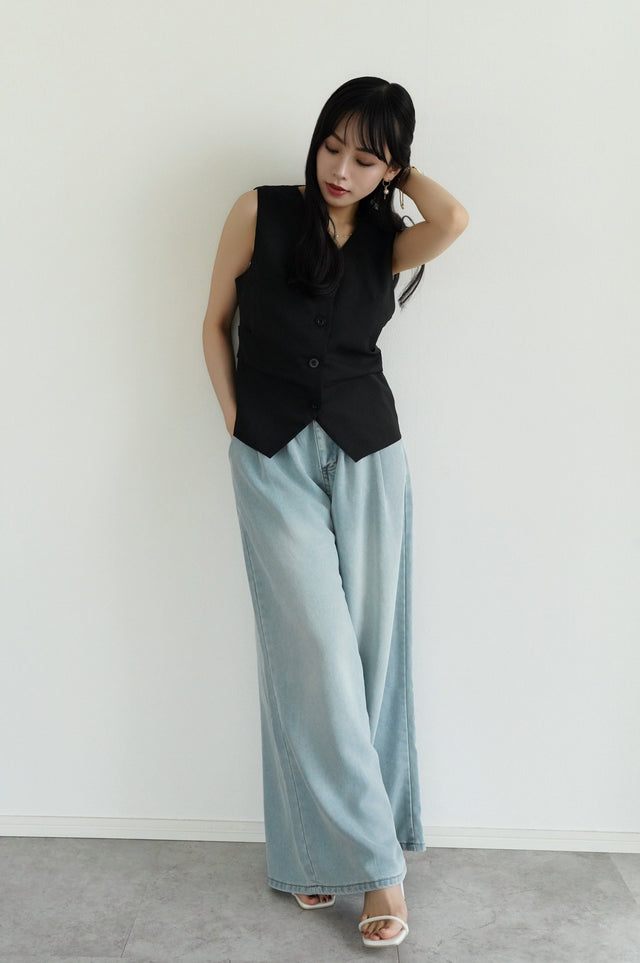 【早割】ウエストギャザーVネックベスト×ベルテッドワイドフレアデニム(2set15%OFF)