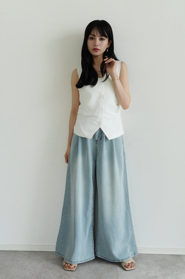 【早割】ウエストギャザーVネックベスト×ベルテッドワイドフレアデニム(2set10%OFF)