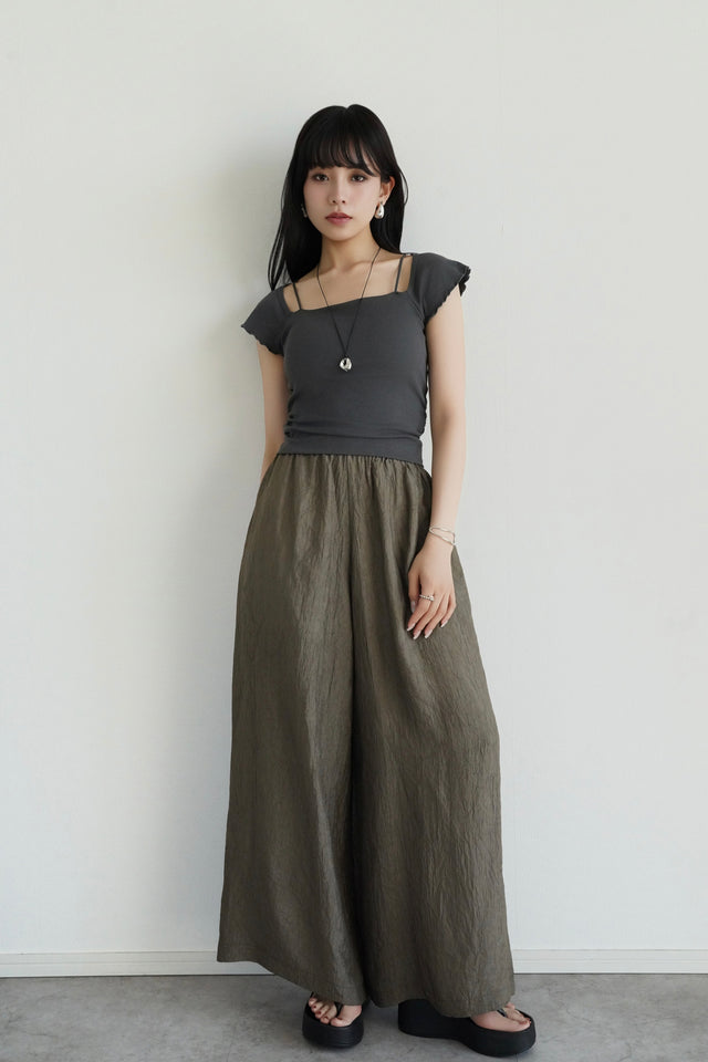 ［早割］ダブルストラップカップ付きTシャツ×リンクルワイドパンツ(2set)
