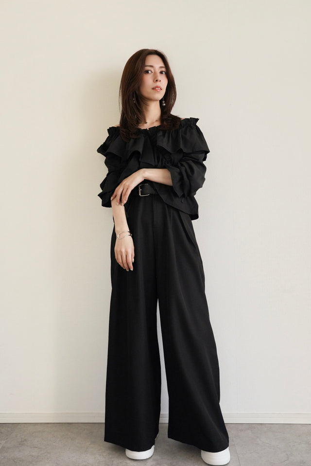 ［早割］フリルクロップブラウス×ベルト付タックワイドパンツ(2set)