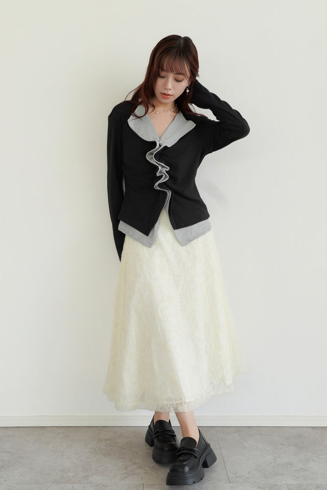 ［早割］ウェーブバイカラートップス×フラワーコードチュールスカート(2set)