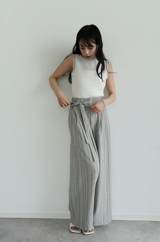 【早割】シアーストライプノースリーブニット×リネンライクワイドパンツ(2set15%OFF)