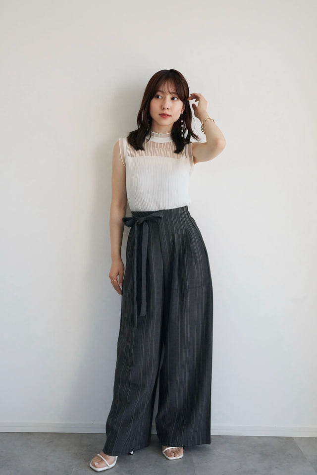 【予約割】シアーストライプノースリーブニット×リネンライクワイドパンツ(2set15%OFF)
