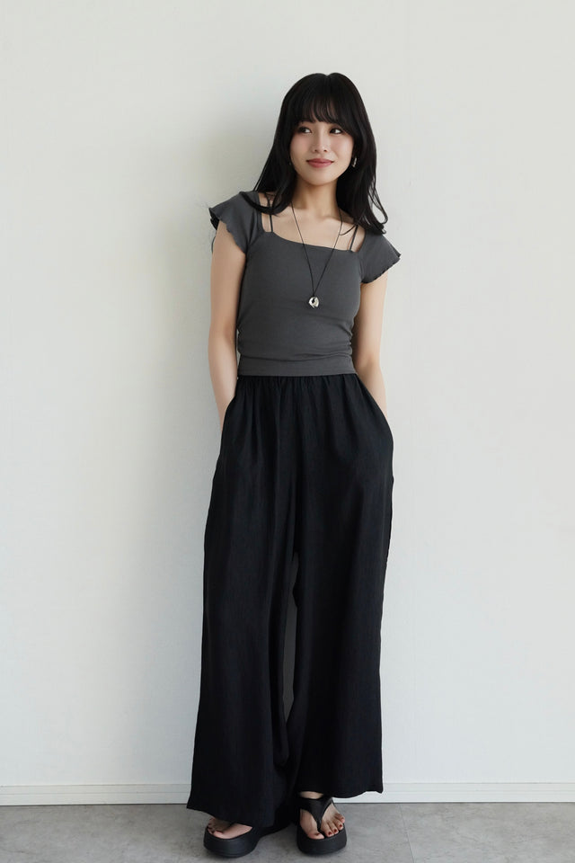 ［SET］ダブルストラップカップ付きTシャツ×リンクルワイドパンツ(2set)