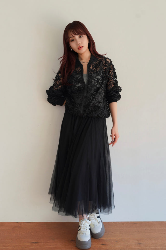 フラワーコードシアーブルゾン×ロングチュールスカート(2set)