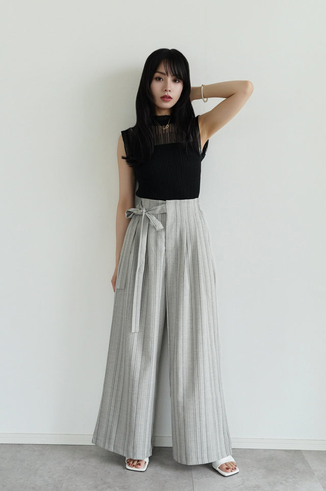 【早割】シアーストライプノースリーブニット×リネンライクワイドパンツ(2set15%OFF)